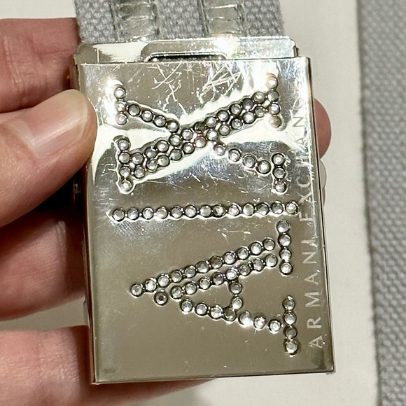 A/X Logo Silver Rhinestone Buckle Belt, Heather Gray Fabric Silver Leather - M - Picture 10 of 11
